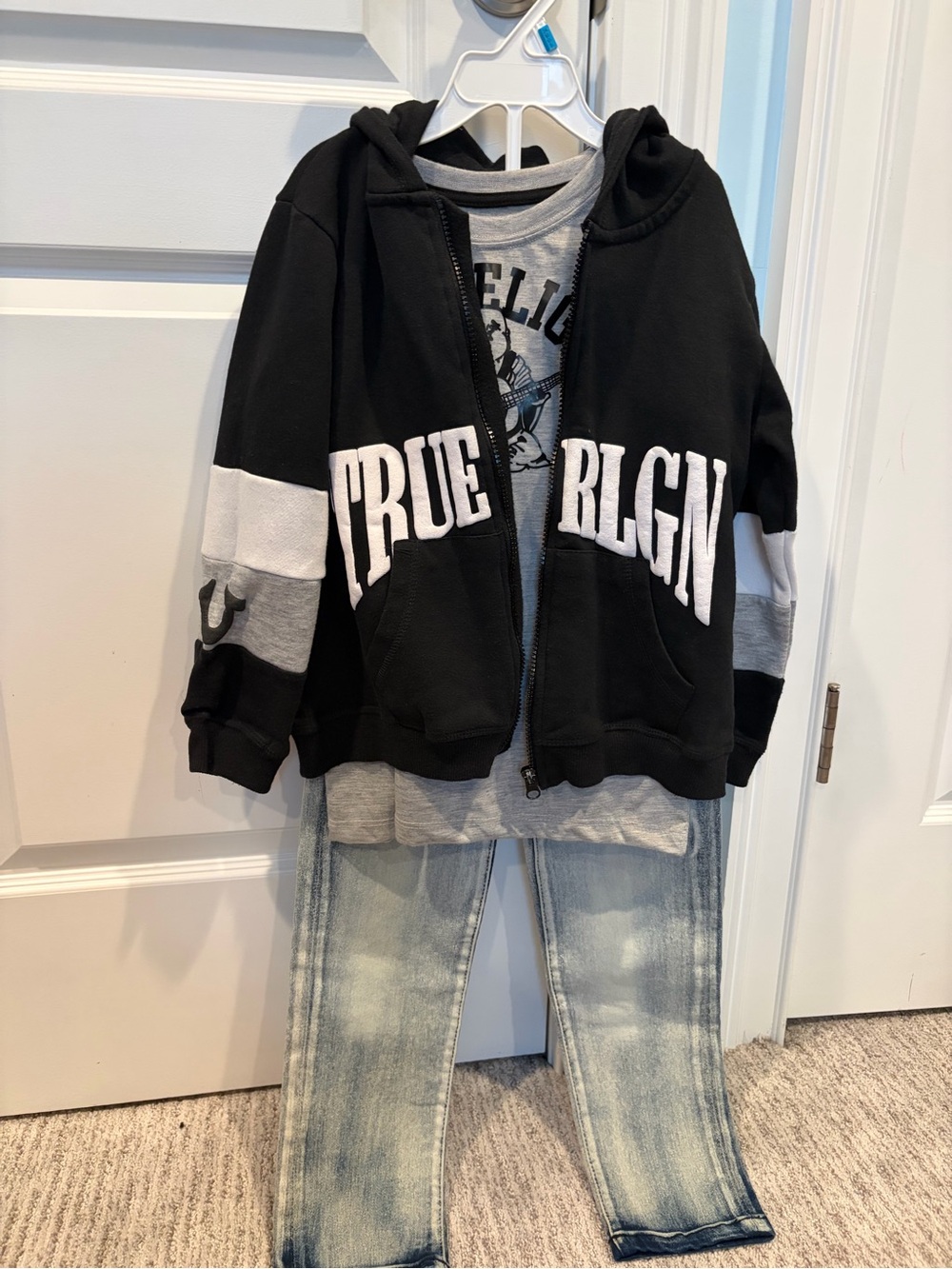 True Religion Black and Gray Kids Zip Hoodie with T-shirt and Jeans Set